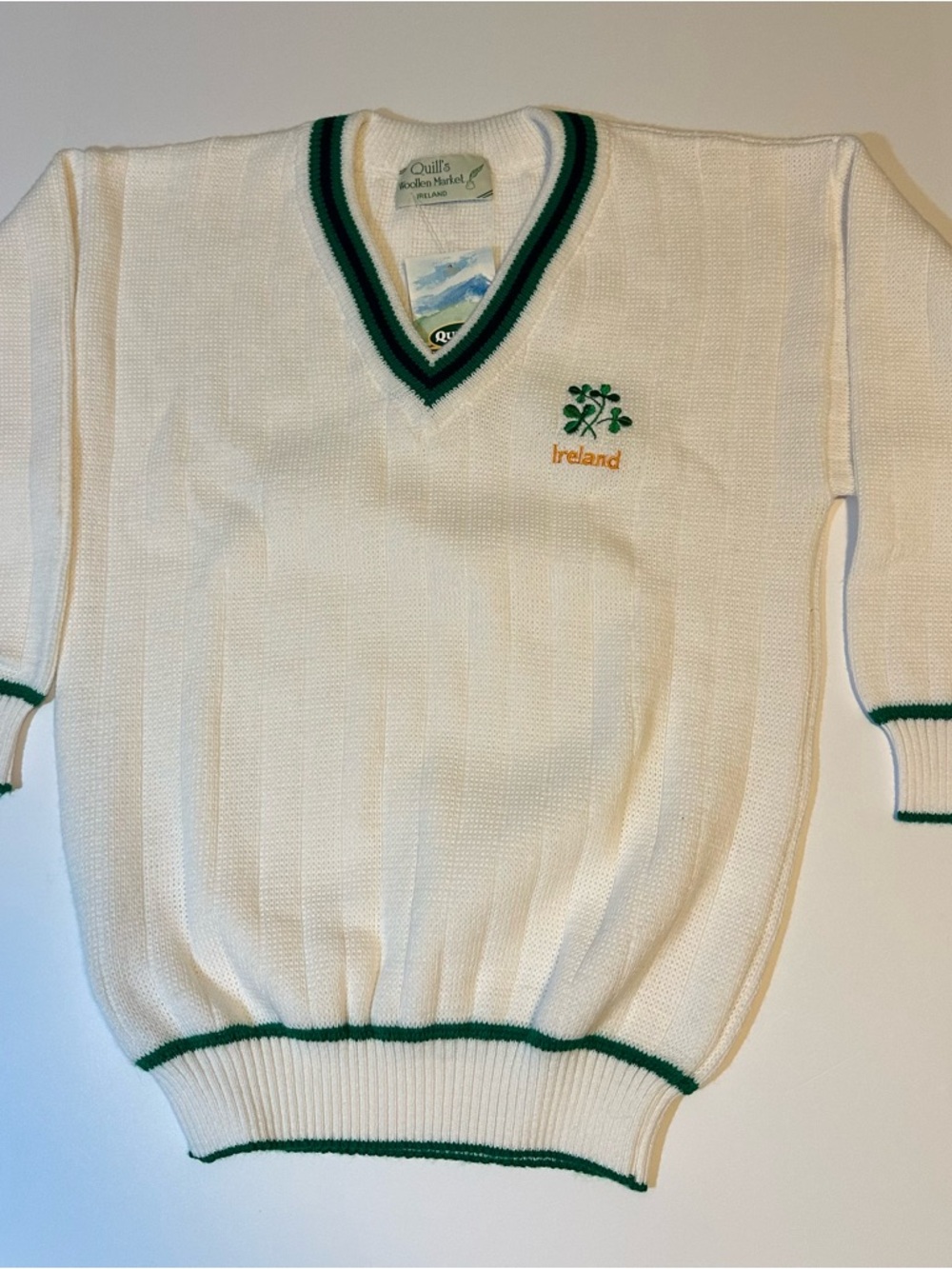 Quills Woolen Market V Neck Sweater Ireland Shamrock Embroidered